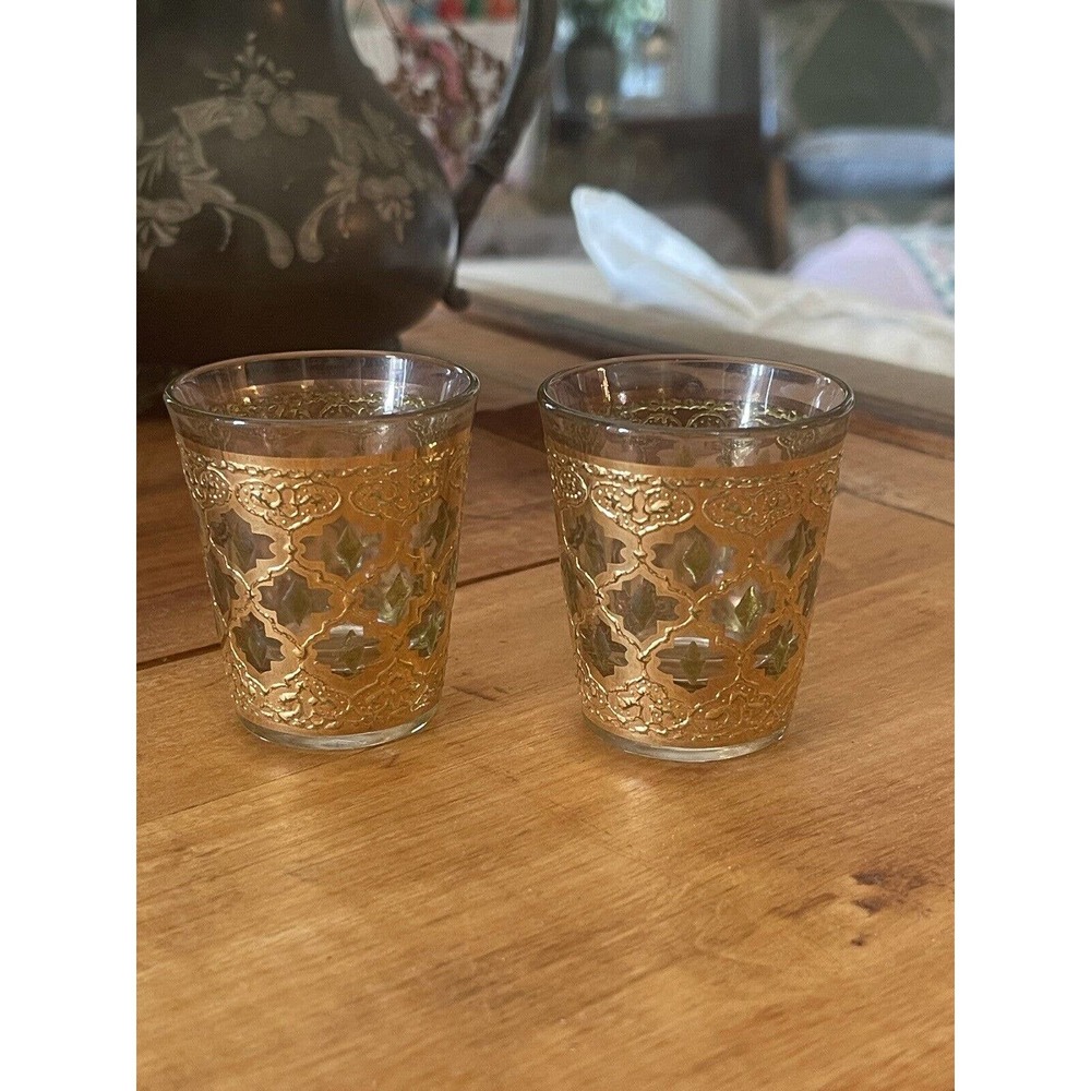 2 Vintage Culver Valencia Gold & Green Shot Glasses Bar Ware MCM Mid Century